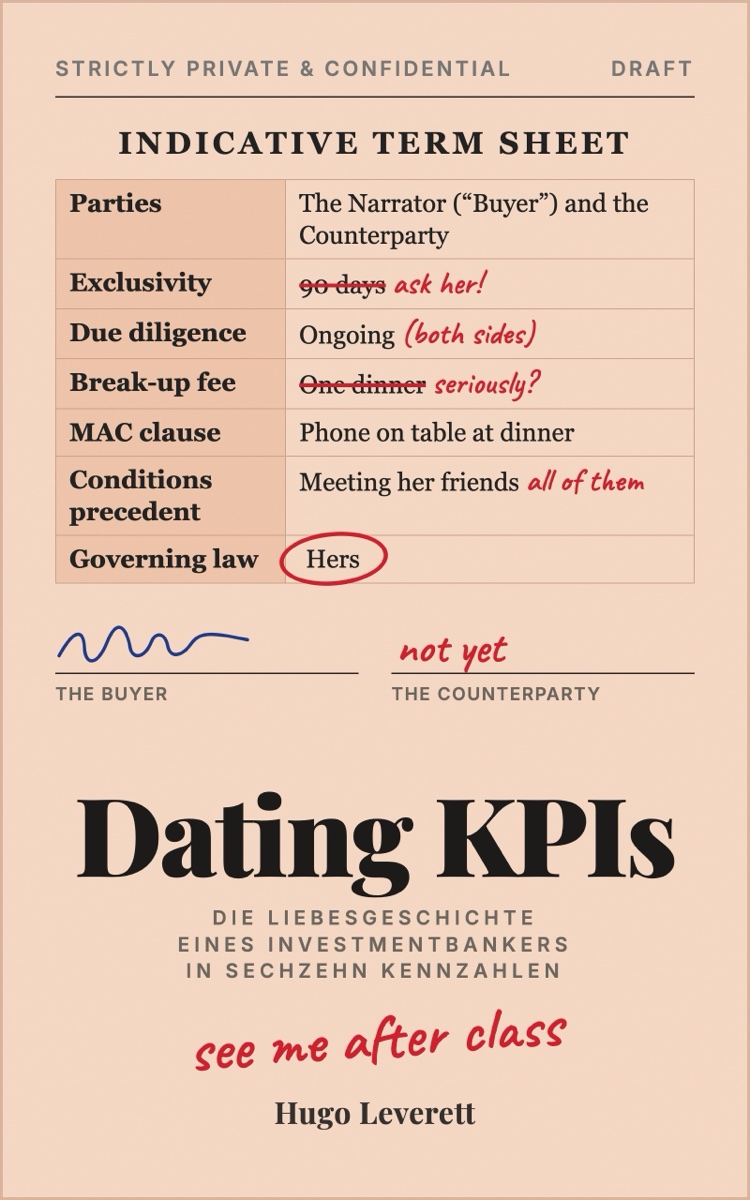 Cover von Dating KPIs von Hugo Leverett: ein indikatives Term Sheet auf lachsfarbenem Papier, mit Rotstift korrigiert. Anwendbares Recht: ihres.