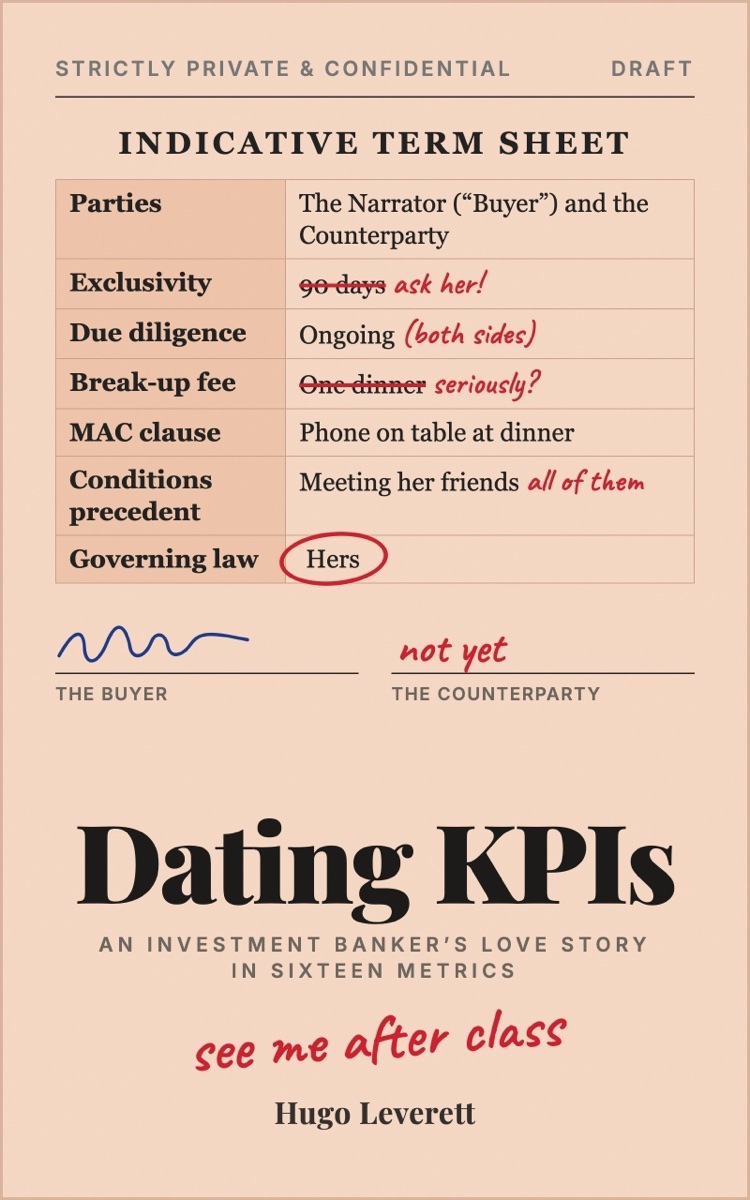 Cover of Dating KPIs by Hugo Leverett: an indicative term sheet on salmon paper, corrected in red pen. Governing law: hers.
